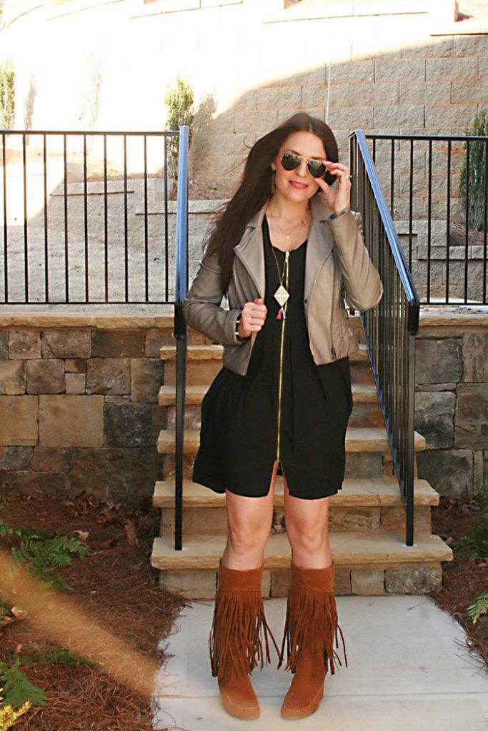fringe boots outfit ideas black dress ray-ban sunglasses