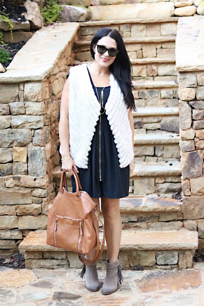 fur white vest black dress fall fashion