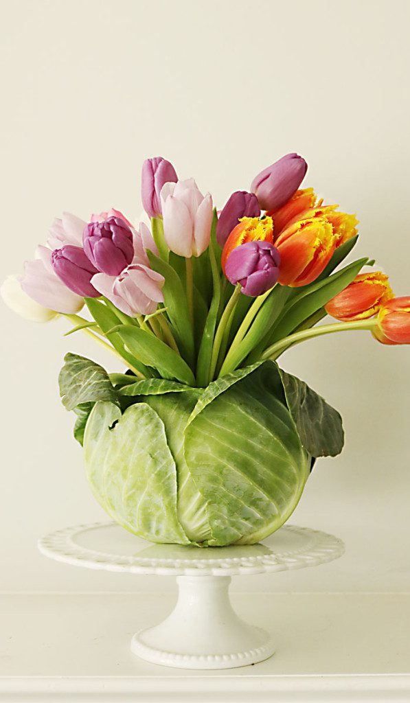 Tulip-Cabbage-Flower-Arrangement, cabbage flower centerpiece, DIY flower arrangement, Easter flower centerpiece