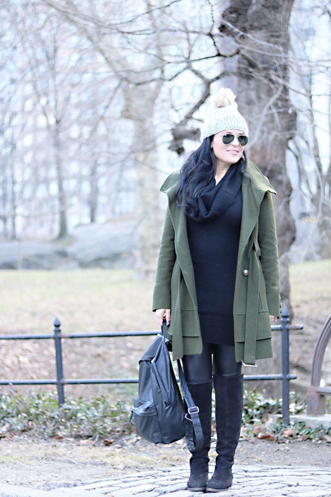 army-green-winter-coat-black-backpack, olive green winter coat, new york city fashions, winter outfits, this way that way