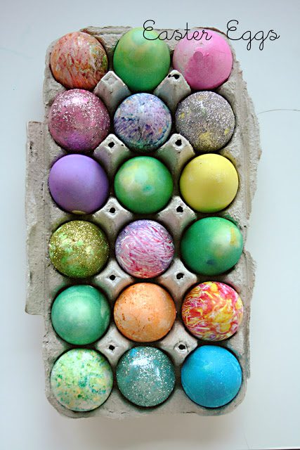 decorated easter eggs, glitter eggs, tie dyed easter eggs, crayon easter eggs