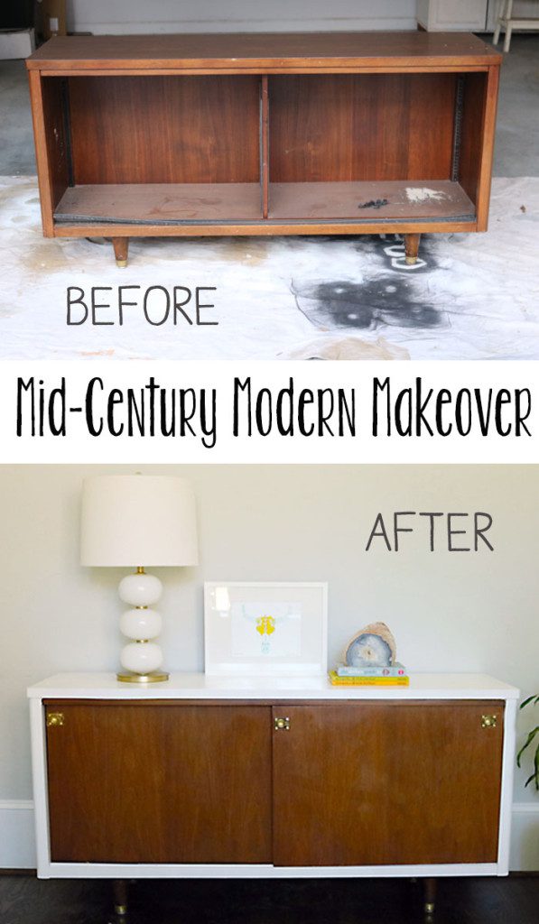 midcentury-lacquer-project-before-and-after, mid-century Modern credenza makeover, amy howard at home lacquer paints, lacquer paints, diy, spray paint, budget friendly project