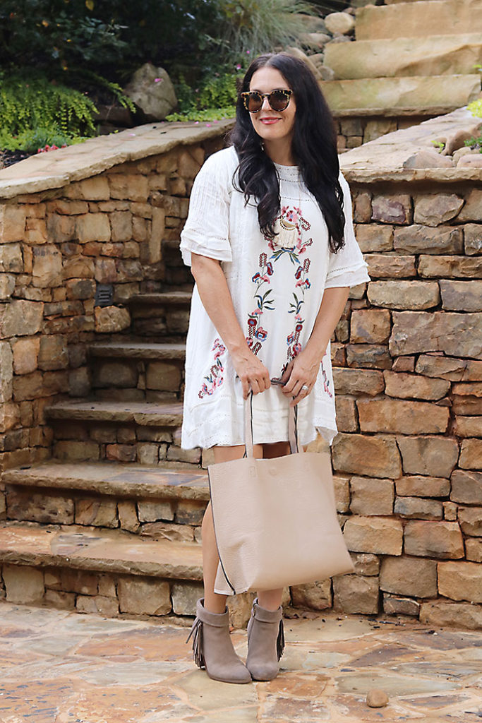 White Boho Dress with Boots Darleen Meier Jewelry