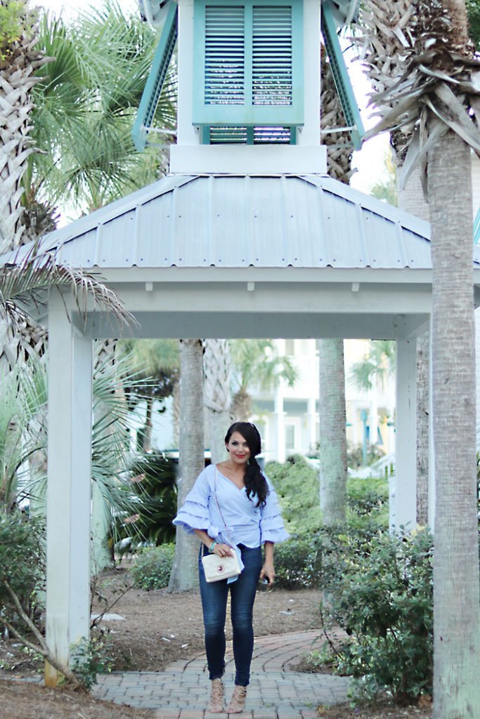 ruffled-sleeve-wrap-shirt-and-jeans, laced heels, shop bop, classy blue on blue outfit styling fall fashion trend 2016, beach style