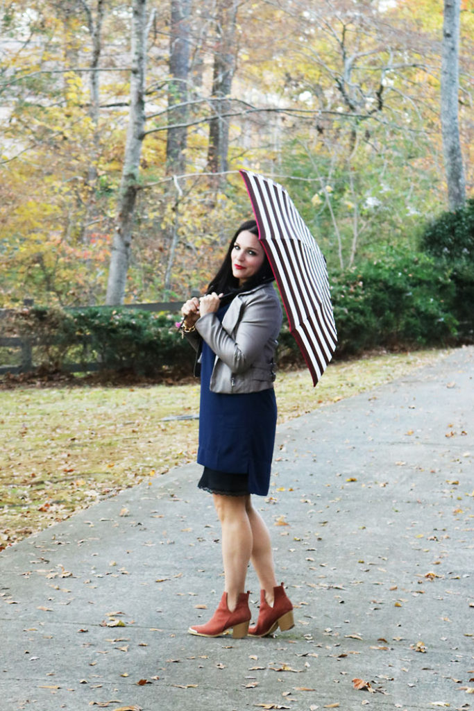 fall-fashion-finds-with-booties-and-umbrella, fall-finds-sale-with-striped-umbrella, henri bendel, striped umbrella, shift dress, jeffrey campbell booties