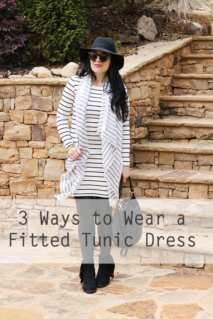 3 ways to wear a fitted tunic dress, stripe on stripe outfit, winter outfit, one outfit multiple ways, one way multiple times, stylish outfit to wear multiple times, how to travel light, traveling outfit ideas, utah outfit winter ideas