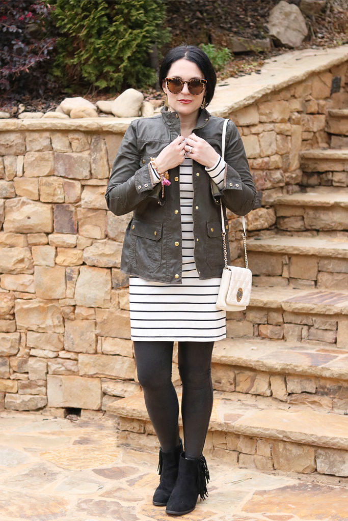3 ways to wear a tunic dress, wide brim hat, one outfit multiple ways, h&m dress, fringe boot, striped tunic dress, tunic and leggings, amazon fashion, utah winter outfit, military jcrew jacket