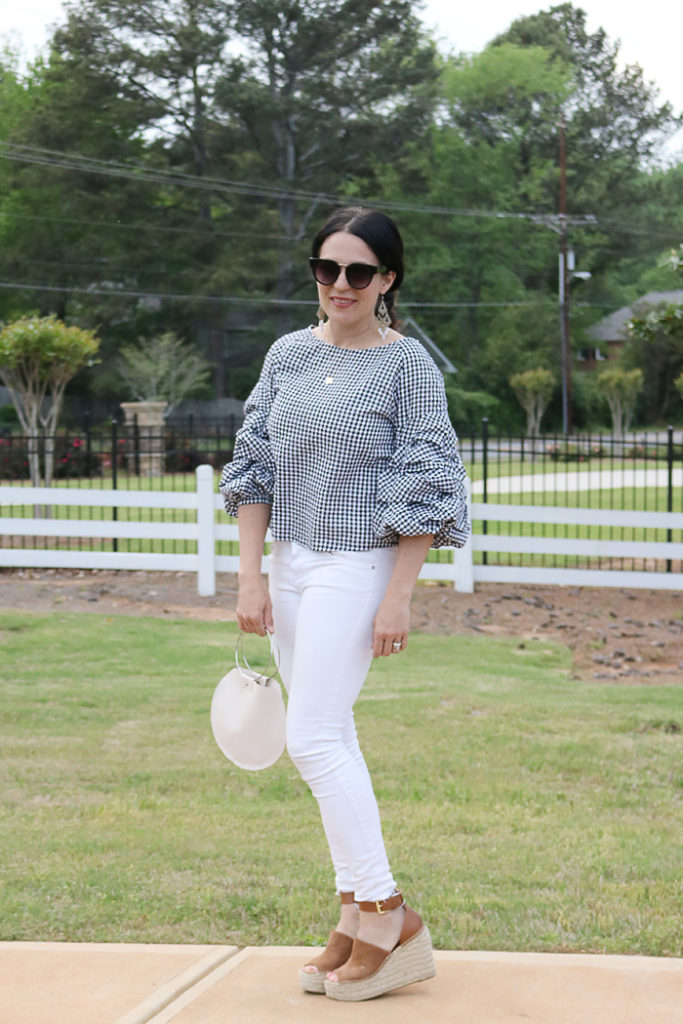 ruffled sleeve tops under $100, ruffled sleeve top, billowed sleeve top, gingham top, white pants, summer outfit, marc fisher wedge, 
