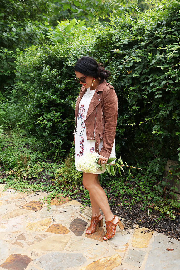 wearing fall in summer, nordstrom anniversary sale, blank nyc suede jacket, free people embroidery dress, cecelia New york, fashion, fall clothes in summer 