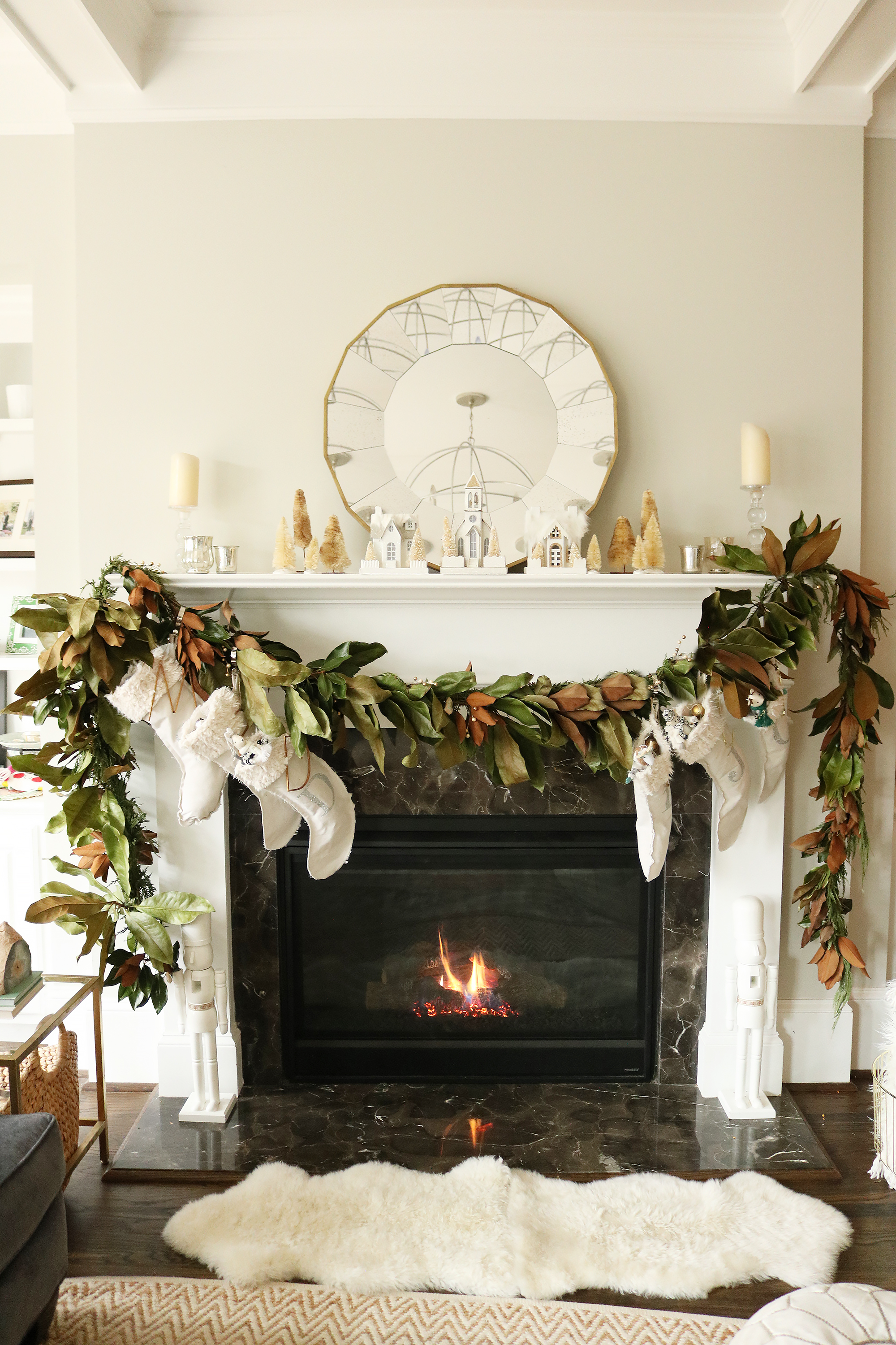 magnolia garland, DIY magnolia garland, garland swag over fireplace, a southern Christmas, southern magnolias,garland swag over fireplace mantle