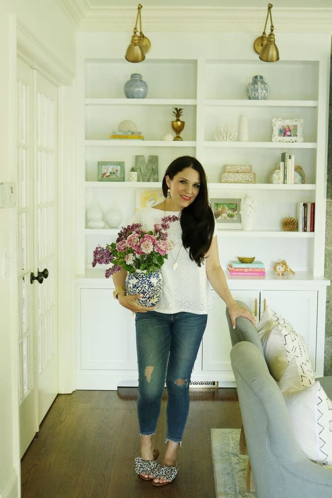 Add a little color by freshening up with these 5 easy Spring updates to your home. || Darling Darleen 
built-in bookcase near fireplace, easy spring updates, lilac bouquets, tips for home decor, home decor easy ideas, #homedecor, #springupdates
