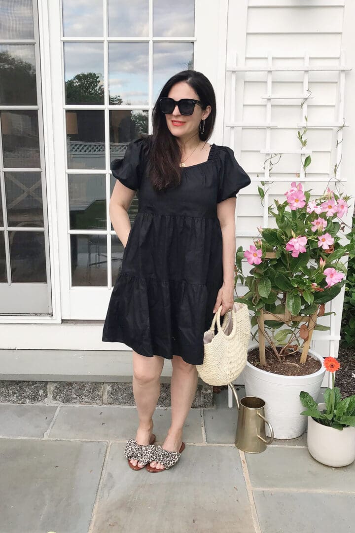 Obsessed with these leopard slide sandals and this casual black dress || Darling Darleen Top CT Blogger