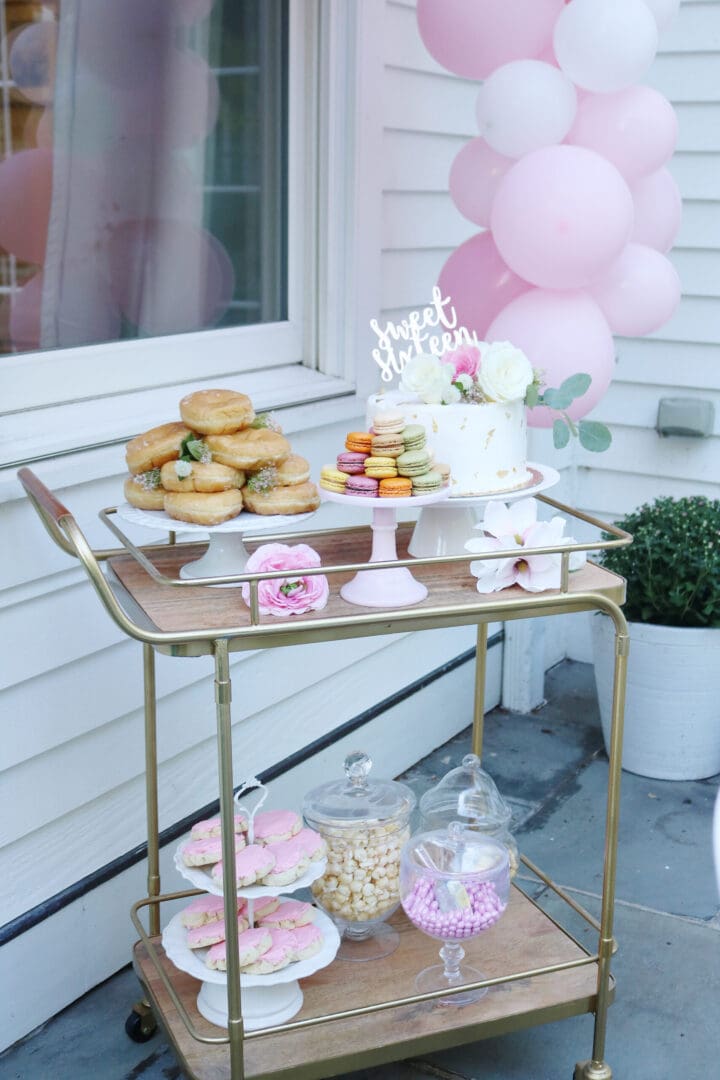 Boho Chic Sweet Sixteen Birthday Party Celebration with all the details and party plans.  Love the birthday cake on the dessert bar cart. We did a sixteenth birthday photoshoot.  Perfect for any teenager turning 16! || Darling Darleen Top CT Lifestyle Blogger #sixteenthbirthday #sixteenthbirthdayparty