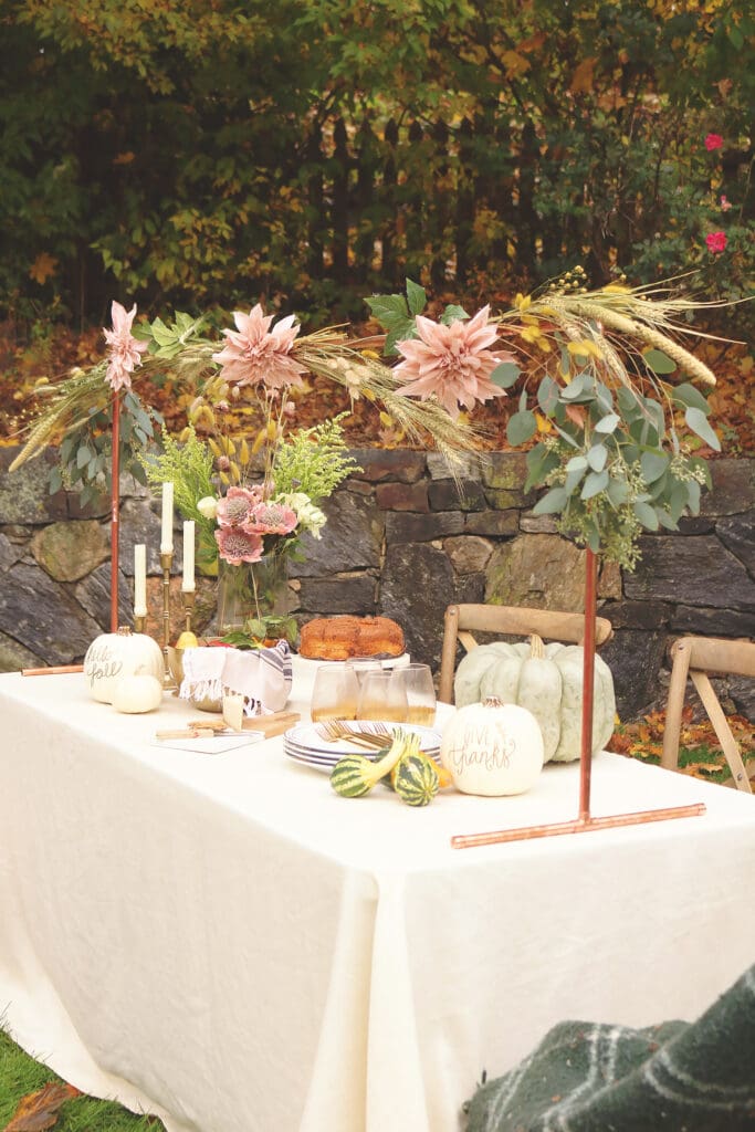 Outdoor Thanksgiving Table plus an easy DIY Over-The-Table Floral Rod to Make Your Thanksgiving Table a Feast to Remember and to use for all your festive holidays.  || Darling Darleen Top Lifestyle CT Blogger #thanksgivingtable #thanksgiving #darlingdarleen 