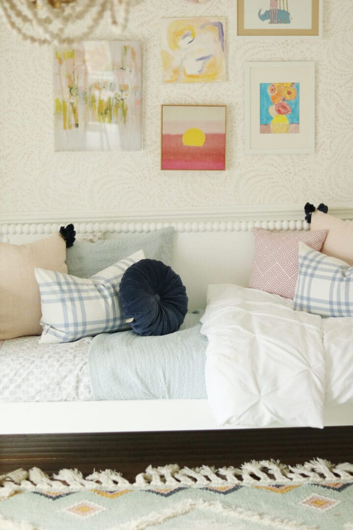 Light Blue Pink Girls Bedroom that mixes textures and art pieces.  It's playful and charming girl's bedroom.  Before and after bedroom, pastel colors girl bedroom, tween girl bedroom, Serena and lily priano wallpaper || Darling Darleen Top CT Lifestyle Blogger #girlsbedroom