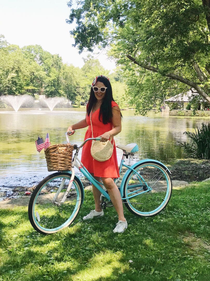 4th of July Outfit , fourth of July, red white and blue outfit, red dress, summer dress, patriotic dress, American flag, blue bike with basket|| Darling Darleen Top Lifestyle CT Blogger  #4thofjuly #fourthofjuly