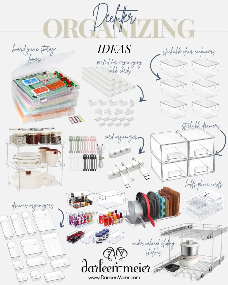 Collage of various home organizing products, including storage bins, stackable drawers, shelf risers, cable organizers, spice racks, and clear drawer trays, displayed with labels.
