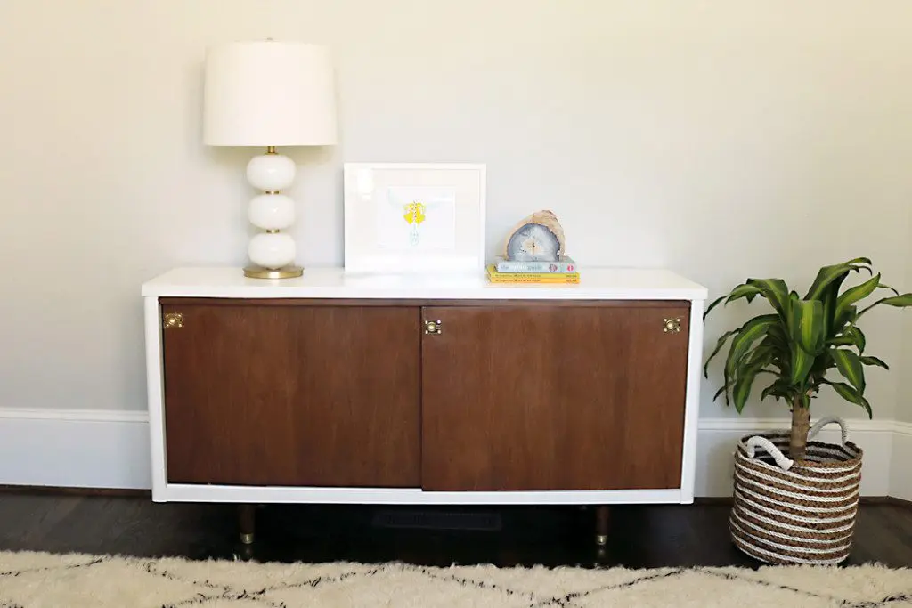 mid century credenza with brass handles, mid century modern credenza makeover, lacquer paints, amy howard at home lacquer paints, brass tapered modern legs, two-tone modern credenza