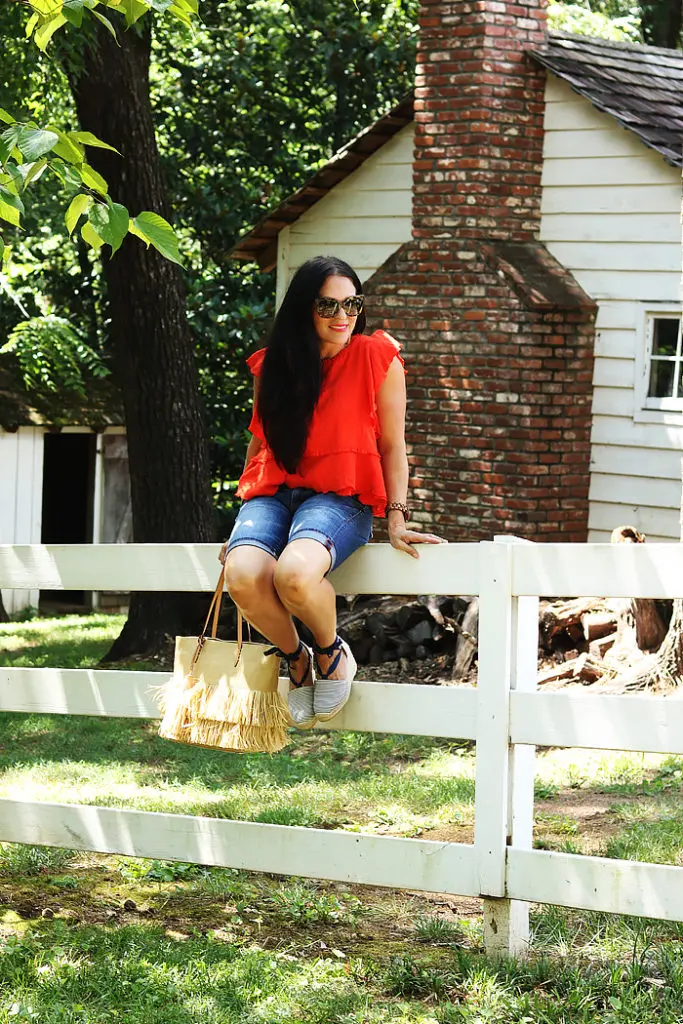 fourth of july barbecue outfit, fourth of july casual outfit, red white blue outfit, summer outfit, ruffle top, straw bag outfit, barbecue outfit, what to wear to a barbecue, what to wear to a picnic, fourth of july