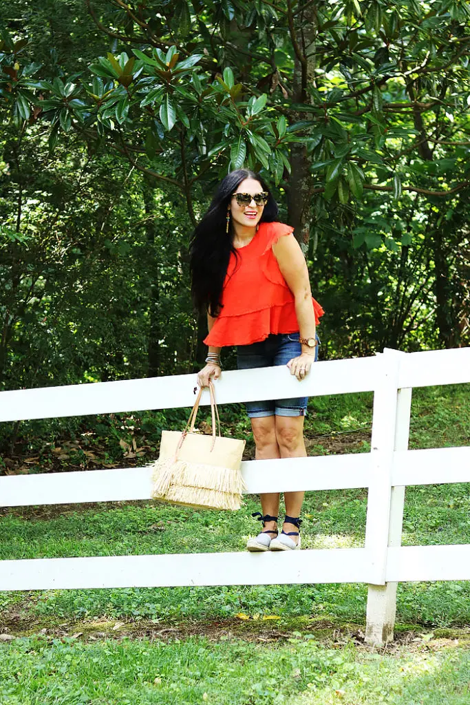 fourth of july barbecue outfit, fourth of july casual outfit, red white blue outfit, summer outfit, ruffle top, straw bag outfit, barbecue outfit, what to wear to a barbecue, what to wear to a picnic, fourth of july