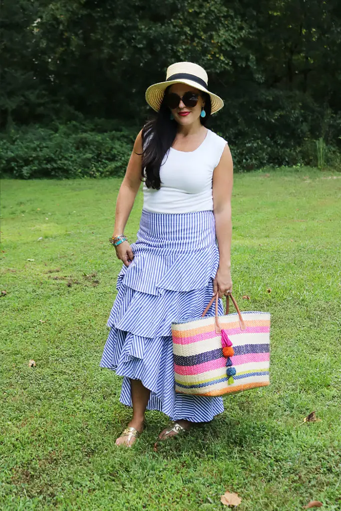 end of summer blues, summer style outfit, summer picnic outfit, Ruffle skirt, darleen Meier jewelry, hat attack bag, Banana republic blue ruffle skirt, summer casual style, favorite summer style outfit