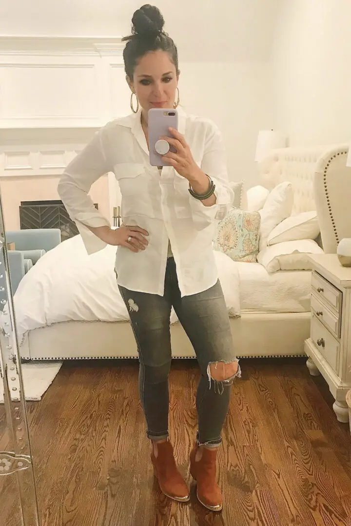 White button up shirt with vintage jeans and brown booties, which are discounted at Nordstrom Anniversary Sale picks || Top CT Lifestyle Blogger Darling Darleen 