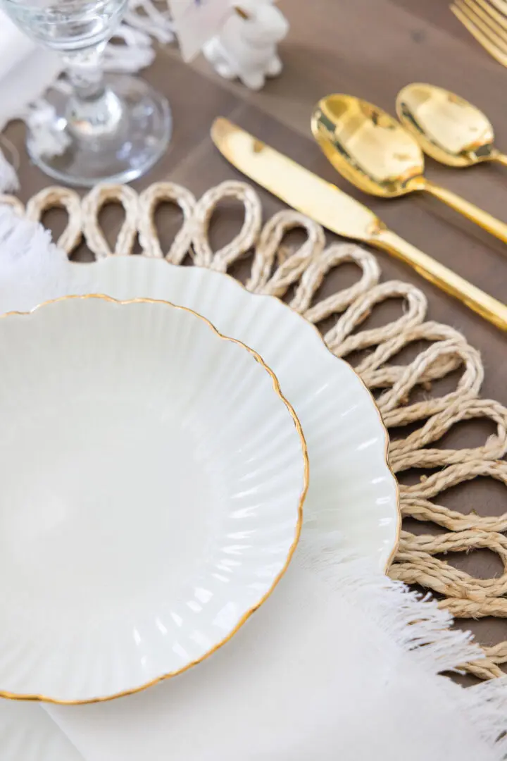 Rattan and woven Textures with gold rim scalloped plates || Darling Darleen Top CT Lifestyle Blogger
