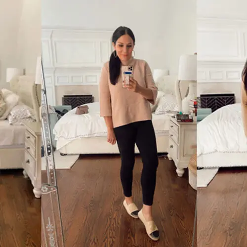 A woman in three poses wearing different outfits in a bedroom: left in a pink sweater with jeans, middle in a beige top and jeans, right in a beige coat, jeans, and leopard print shoes.