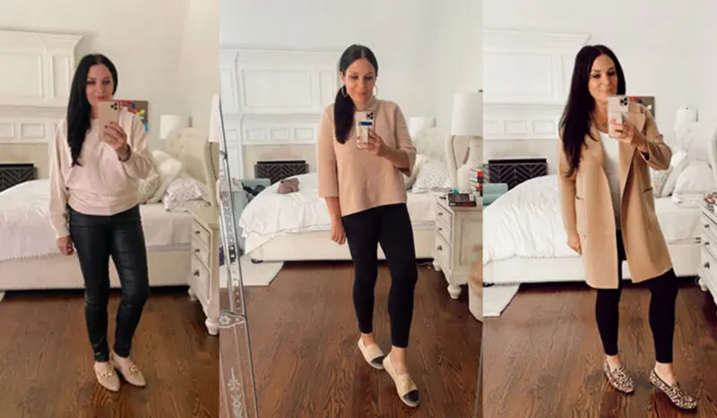 A woman in three poses wearing different outfits in a bedroom: left in a pink sweater with jeans, middle in a beige top and jeans, right in a beige coat, jeans, and leopard print shoes.