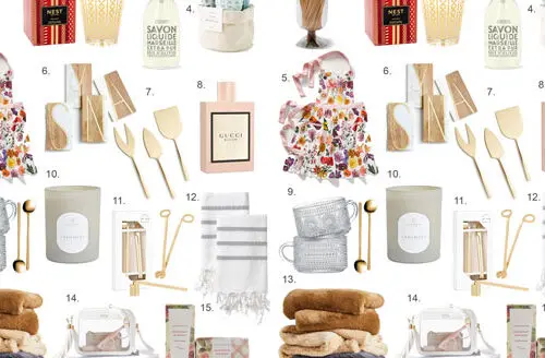 Collage of various gift items including scented candles, cooking utensils, floral dresses, and plush throws, arranged in numbered pairs for comparison.