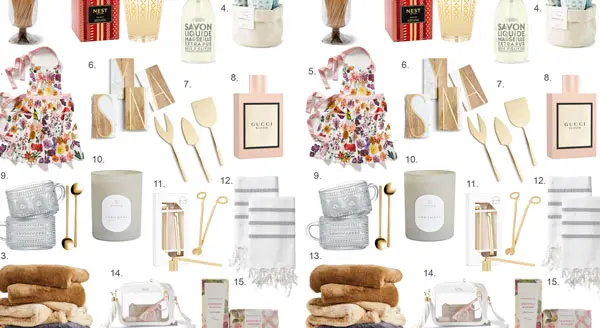 Collage of various gift items including scented candles, cooking utensils, floral dresses, and plush throws, arranged in numbered pairs for comparison.