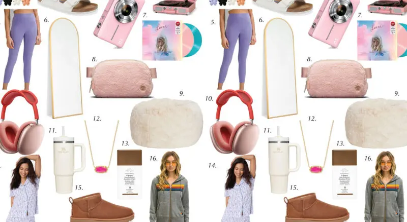 Collage of women's fashion and lifestyle items including clothing, headphones, cameras, and footwear, arranged in a grid pattern.