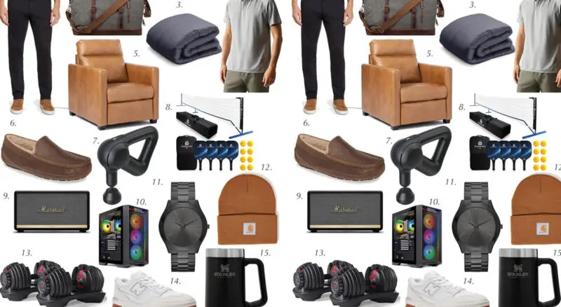Collage featuring various gift options including armchairs, blankets, slippers, portable hammocks, loafers, personal care items, wallets, hats, headphones, and electronic devices.