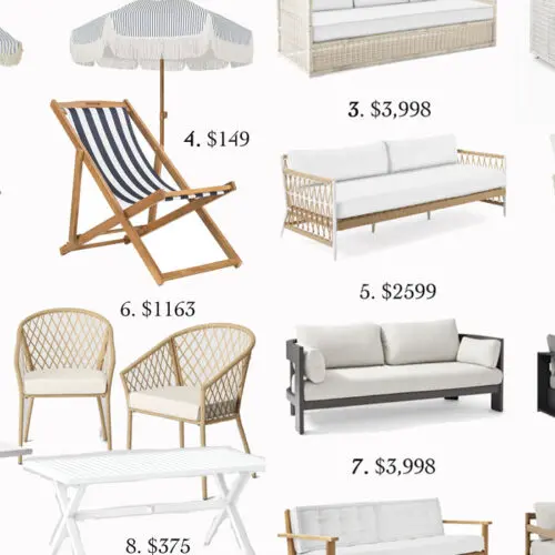 Collage of various outdoor furniture including chairs, sofas, and umbrellas with prices labeled for each item.