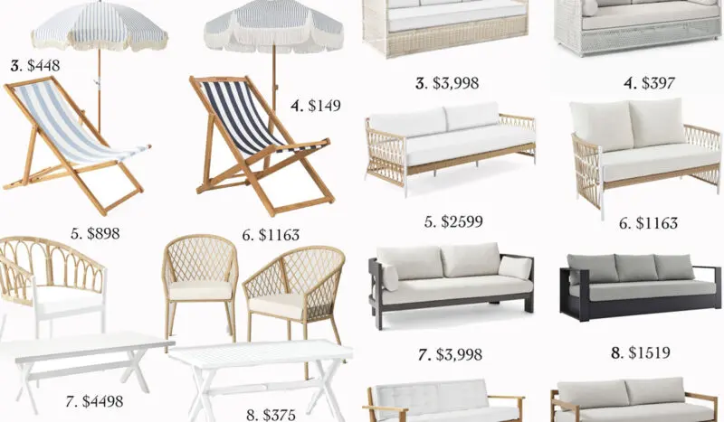 Collage of various outdoor furniture including chairs, sofas, and umbrellas with prices labeled for each item.