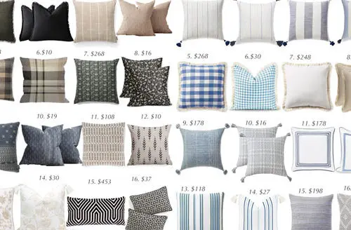 A variety of decorative pillows in different colors and patterns, each labeled with a number and price.