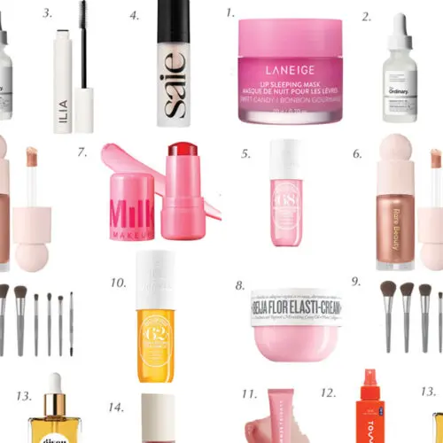 Grid of various beauty products including skincare and makeup items like moisturizers, lip masks, and brushes, labeled with numbers for easy reference.