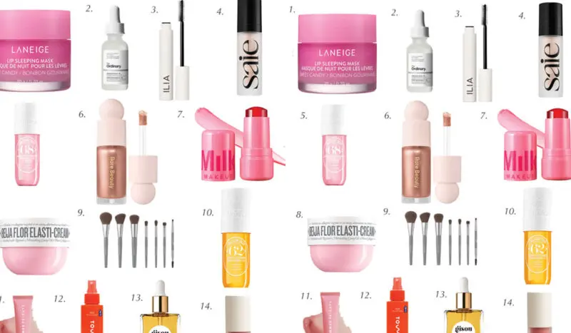 Grid of various beauty products including skincare and makeup items like moisturizers, lip masks, and brushes, labeled with numbers for easy reference.