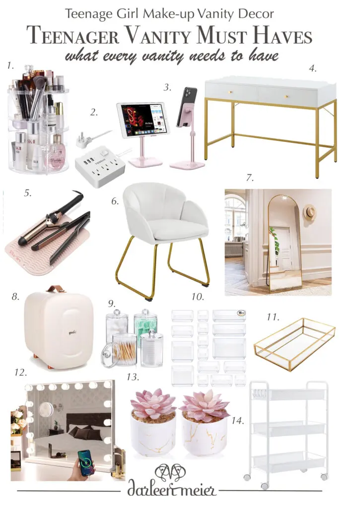 Collage of teenager vanity decor essentials, including makeup organizers, a vanity desk with a chair, mirrors, storage units, and decorative items.
