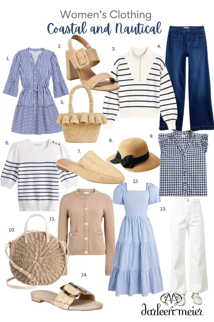 A collection of women's coastal and nautical clothing items, including dresses, tops, sweaters, jeans, hats, shoes, and bags, displayed against a white background.