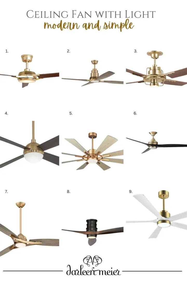 A grid of nine different modern ceiling fans with lights, featuring various designs and finishes, is showcased against a white background.