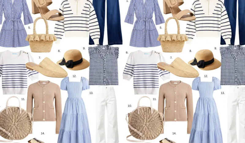 A neatly arranged collection of casual clothing and accessories, including striped shirts, blue dresses, woven bags, white pants, sandals, a hat with a black ribbon, and beige cardigans.
