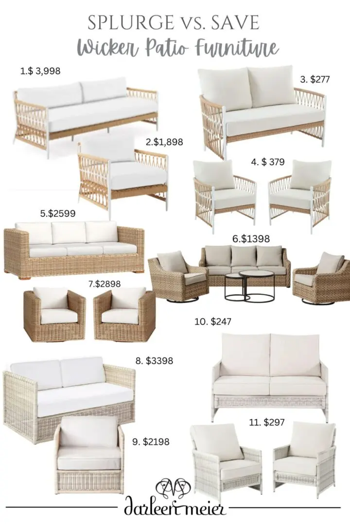 Comparison chart showing "splurge" and "save" wicker patio furniture options. Each pair lists a higher-priced "splurge" item on the left and a budget-friendly Wicker Patio Furniture Set to "save" on the right, with prices labeled.