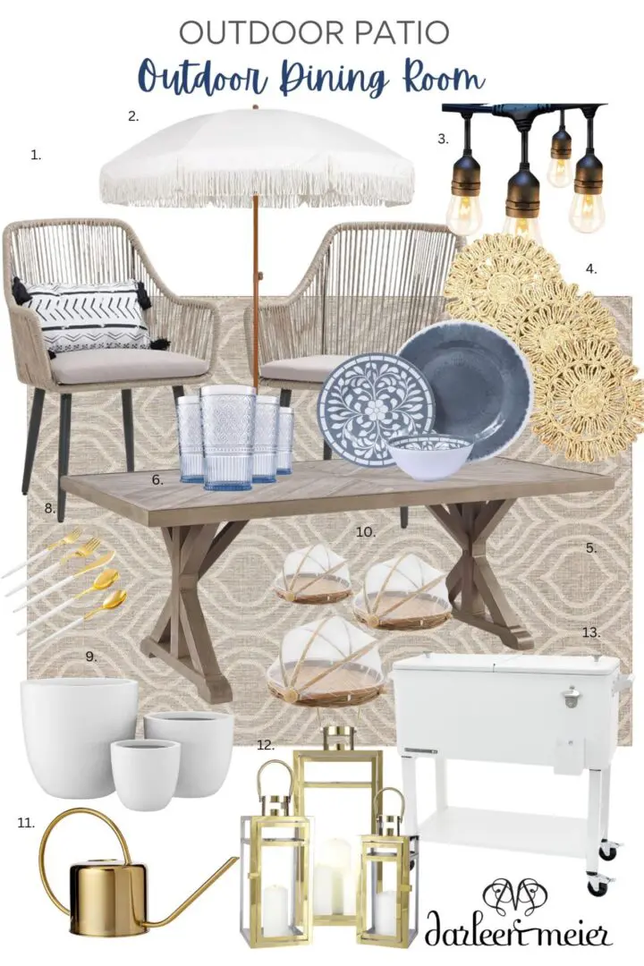 Outdoor patio dining room setup featuring a wooden table, two chairs with cushions, an umbrella, string lights, ceramic dinnerware, lanterns, decorative gold placemats, a white cooler, and potted plants.