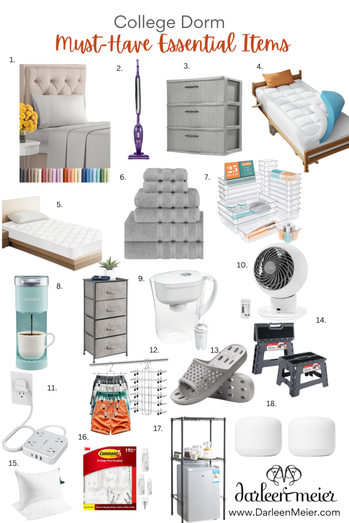 College Must-Have Essentials: The Ultimate Guide for Incoming Students Collection of essential items for a college dorm, including bedding, storage units, kitchen supplies, a mini fridge, a fan, a step stool, shower caddy, and more. Text reads "College Dorm Must-Have Essential Items.