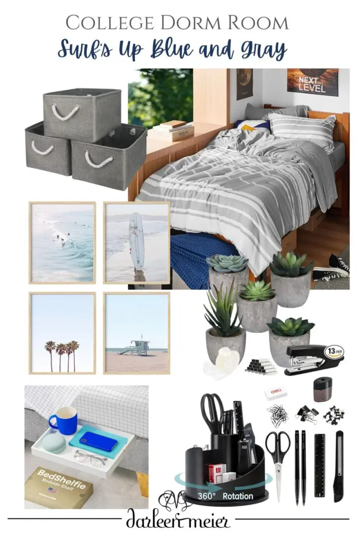 College Must-Have Essentials: The Ultimate Guide for Incoming Students A college dorm room setup with a blue and gray "Surf's Up" theme, featuring storage boxes, bed linens, wall art, plants, a desk organizer with supplies, and a bedside caddy with a book and mug.