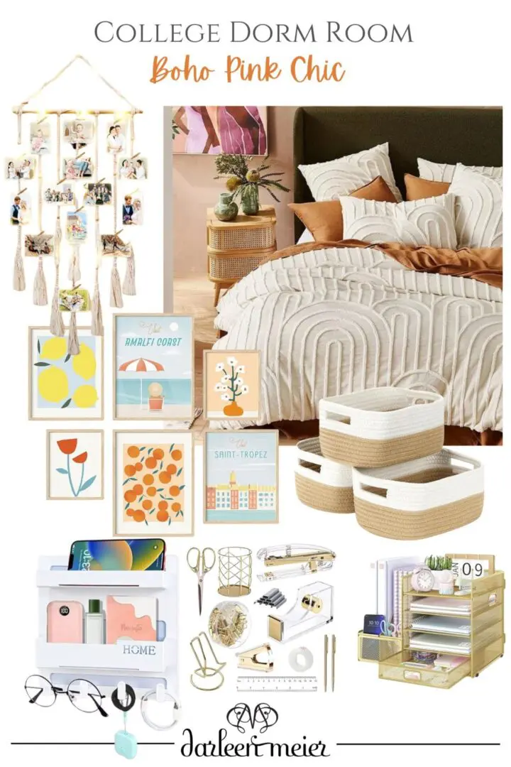 College Must-Have Essentials: The Ultimate Guide for Incoming Students A college dorm room setup with a boho pink chic theme, featuring wall decor, bedding, storage baskets, organizers, and various desk accessories. The color scheme includes pink, orange, and neutral tones.