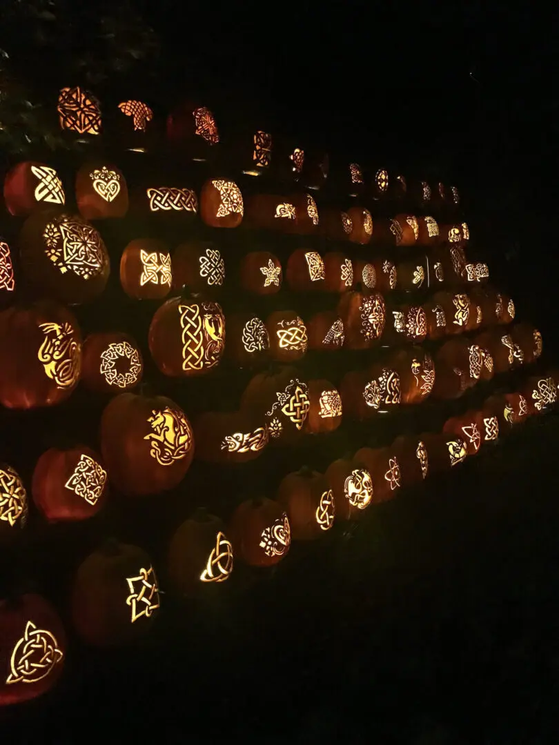 Your Guide to the Best Fall Activities Near Fairfield County, Connecticut in the month of October from pumpkin patches to haunted houses! Rows of intricately carved pumpkins with various patterns and designs, illuminated from within, displayed at night.