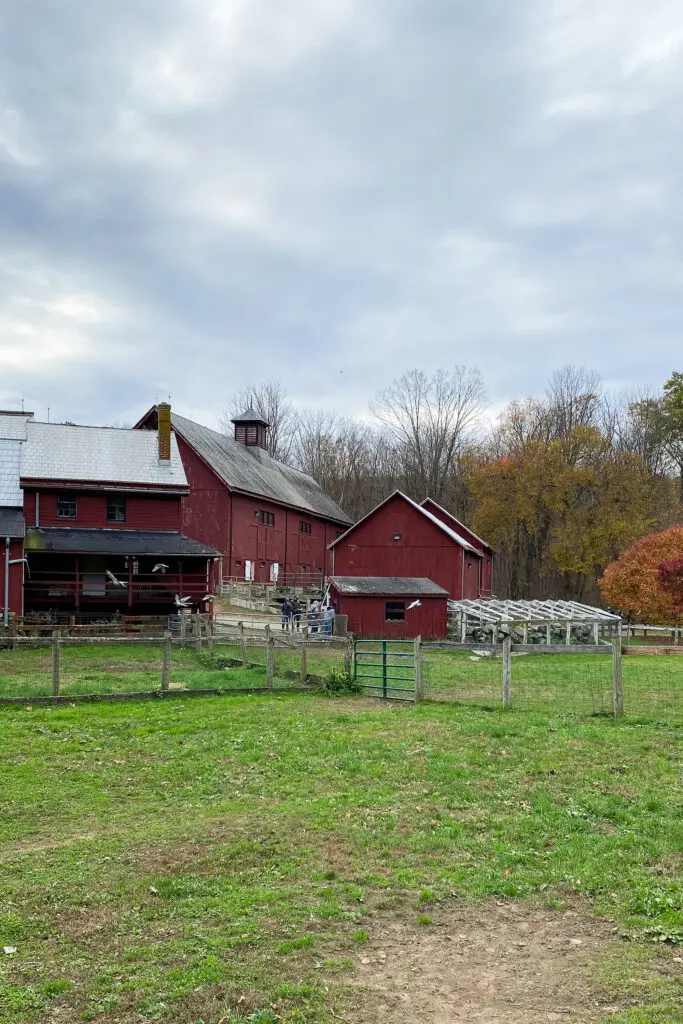 Your Guide to the Best Fall Activities Near Fairfield County, Connecticut in the month of October from pumpkin patches to haunted houses! A red barn with a fenced grassy area under a cloudy sky. Trees with autumn foliage are in the background.