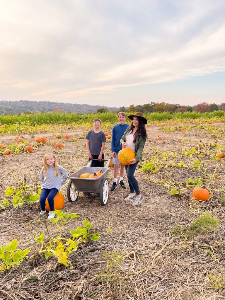 Your Guide to the Best Fall Activities Near Fairfield County, Connecticut in the month of October from pumpkin patches to haunted houses! A woman and three children stand in a pumpkin patch. One child sits on a pumpkin, two others stand near a wheelbarrow filled with pumpkins, and the woman holds a large pumpkin.